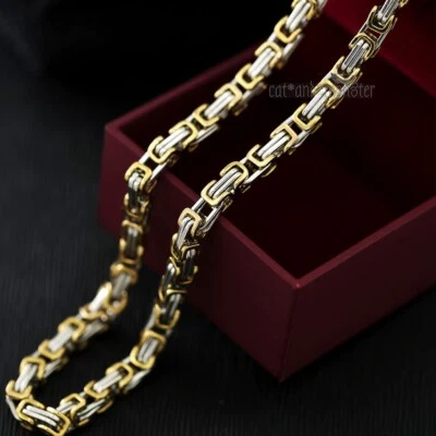 MENS WOMEN Punk 2-stone Silver & Gold Byzantine Box Chain Biker NECKLACE 50-70cm - Image 1 of 4