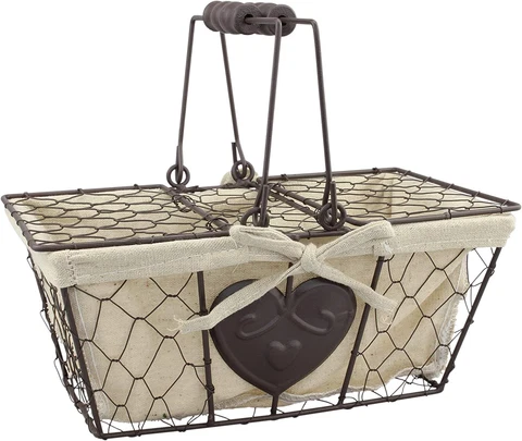 Stonebriar Farmhouse Metal Chicken Wire Picnic Basket with Hinged Lids, Handles Cover