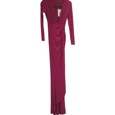 Nookie Farrah Gown Cerise Pink V Neck Ruched Long Sleeve Maxi Dress S - Image 1 of 4