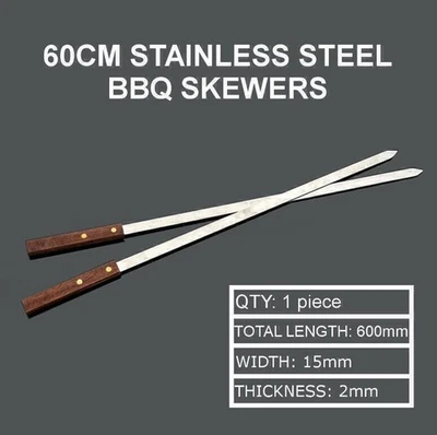 Brochetas de barbacoa con mango de madera largo de acero inoxidable de 60 cm para parrilla turca kebab kebab Foto 1 de 4