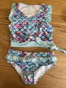Girls 2 Piece Swimsuit Blue Mermaid Bikini Set Ruffle Bathing Suits Beachwear-8T - Picture 1 of 9