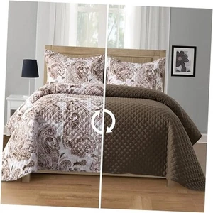 3-Piece Boho Paisley Floral Patchwork Reversible Quilt - California King Taupe - Picture 1 of 7