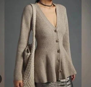 NWT Maeve Wool Blend Hourglass Ribbed Knit Cardigan Sweater Anthropologie Sz L - Picture 1 of 17