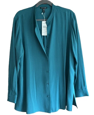 NWT Eileen Fisher Silk Georgette Crepe Classic Mandarin Collar Teal Blouse Sz M - Image 1 of 4
