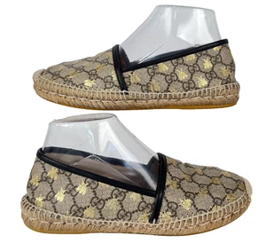 Gucci Women Auth 8.5 US 38.5 GG Supreme Gold Bee Star Leather Espadrilles Shoes - Picture 1 of 13