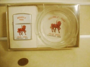 De colección RARO Recuerdo MOXAHALA PARK Nolan Shows ENCENDEDOR Y Vidrio ASHTRY Set Zanesville - Imagen 1 de 11