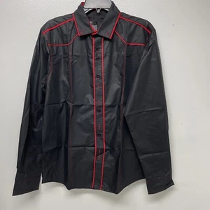 Jeansian Mens Large Slim Fit Long Sleeve Casual Button Dow Shirt Black and Red - Picture 1 of 6