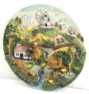 Vintage 14" 3D Keramik Dorf Plakette Hahn Huhn Spanien Kunstwerk Teller schön - Bild 1 von 6
