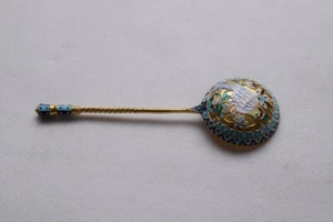 Łyżka kawioru duża srebrna emalia Rosja 84 pozłacany prezent urodzinowy - Zdjęcie 1 z 5