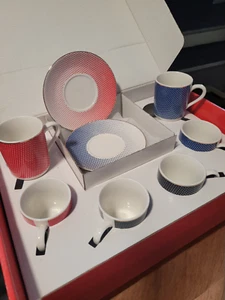 Six Pieces Procelain Turkish Espresso Coffee Cups with Six Plates Fine Bone Blue - Picture 1 of 10