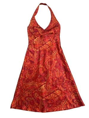 Vintage 90s Y2K City Triangles Satin Red Paisley Halter Slip Dress Sz 3/4 - Image 1 of 4