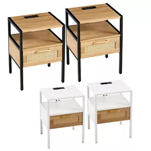 Set of 2 Rattan Nightstand with Drawer Charging Station Bedside Table End Table - Picture 1 of 18