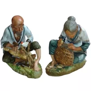 Vintage Ceramic Japanese Figurines Old Man Old Lady Bisque Hand Painted Detailed - Foto 1 di 9