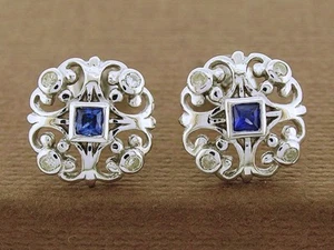 E075 Genuine 9K White Gold NATURAL Sapphire & Diamond Fleur-de-lis Stud Earrings - Bild 1 von 2