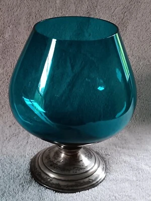 MCM DE COLECCIÓN 8" UE Vidrio Snifter Cuenco Verde azulado Turquesa Vidrio Base Plata Esterlina ALVIN Foto 1 de 4