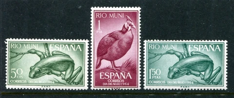 Rio Muni  44-46, MNH. Michel 57-59. Stamp Day 1964: Greshoff's Tree Frog, Helmet Cover