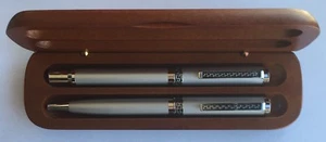 Designed Silver Metal Ball and Roller Pens in Wood Box - Picture 1 of 4