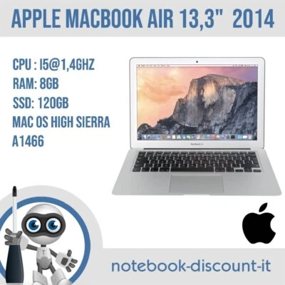 Apple MacBook air 13" A1466 2014 i5 8gb Ram 120 ssd - Apple Charger -LEGGI INFO - Imagen 1 de 4