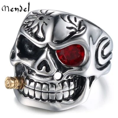 MENDEL Goth Mens Biker Punk CZ Smoking Skull Ring Men Stainless Steel Size 7-15 - Image 1 of 4