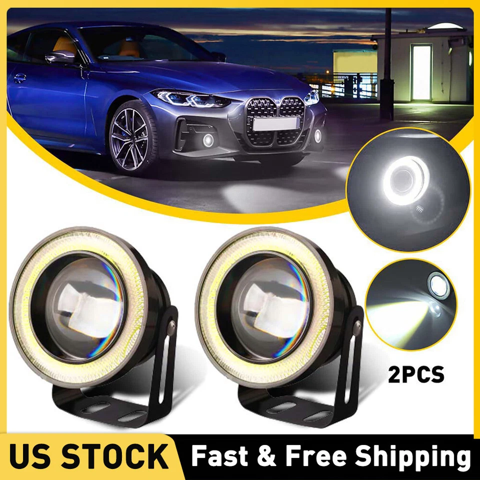 Universal 3.5" Round Projector White LED DRL Halo Angel Eyes Fog Lights Lamp 2pc - Image 1 of 4