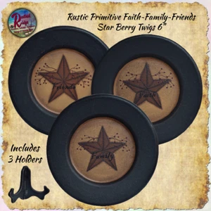 Primitive Faith~Family~Friends Star Berry 6" Plates, INCLUDING 3 Display Stands - Picture 1 of 3