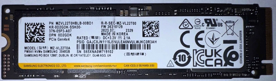 Dell MZ-VL22T0A 2TB NVMe PCIe Solid State Drive Dell P/N: 0D2GDK Tested Working - Image 1 of 1