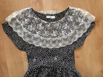 Vestido Largo Vintage Jessica McClintock GUNNE SAX LUNKA Flor COLLAR ENCAJE B/W Foto 1 de 4