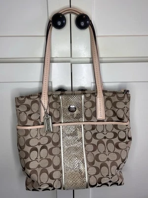 Authentic COACH SIGNATURE STRIPE PYTHON STRIPE TOTE F27362 KHAKI Bag Purse - Image 1 of 4
