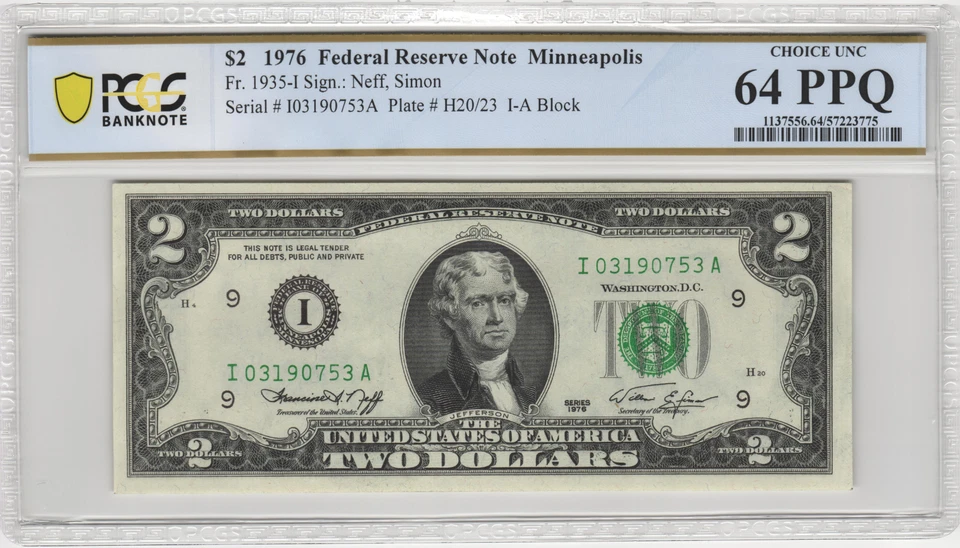 Fr.1935-i 1976 Minneapolis $2 Federal Reserve Note PCGS Choice UNC 64 PPQ - Image 1 of 2