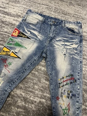 Jeans masculino Smoke Rise 34x32 grafite patchwork desgastado streetwear denim - Imagem 1 de 4