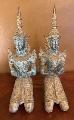 Par de estátuas de anjo da guarda tibetano Theppanom bronze/ouro dourado 13" - DESLUMBRANTE - Imagem 1 de 4