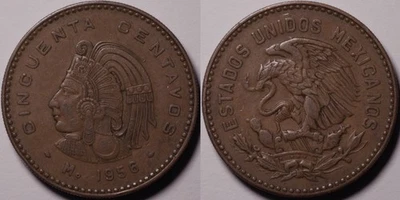 Mexico 1956 Mo 50 Centavos KM#450 Bronze National Arms Eagle Snake Cuauhtemoc - Image 1 of 4