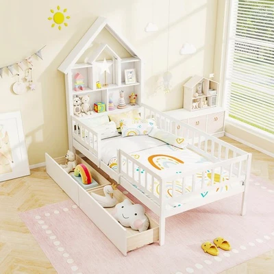 Twin Size House Bed w/ 2 Drawers Kids Montessori Bed with Storage Headboard - Image 1 of 4