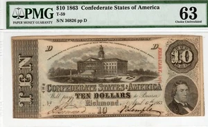 T-59 PF-1 1863 $10 Confederate Paper Money - PMG Choice Uncirculated 63 - Picture 1 of 2