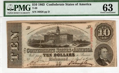 T-59 PF-1 1863 $10 Confederate Paper Money - PMG Choice Uncirculated 63 - Image 1 of 2