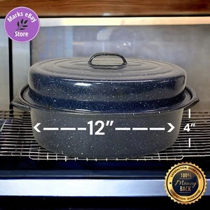 Vintage Blue Speckled Enamel Medium Roasting Pan w/Lid 12" x 9" x 4.4" - Picture 1 of 8