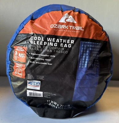 Saco de dormir Cool Weather Ozark Trail 40°F 33”x77” azul usado sin usar se adapta a 1 Foto 1 de 4