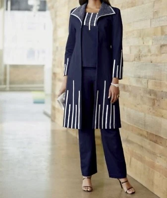 Women's Dinner Occasions Formal Denim Rhinestone 3PC duster pantset suit size 16 - Image 1 of 4