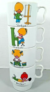 Vintage Stacking Porcelain Mug Set 4 Retro Mod Cartoon Girl MCM Kitsch 2 Finger - Picture 1 of 9