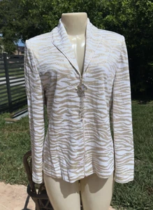 GIACCA PULL ST JOHN SERA BEIGE E CREMA RIGHE ANIMALIER MAGLIA CRISTALLO ZIP TG 10 - Foto 1 di 21