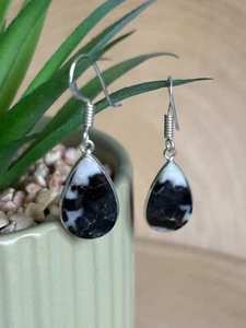 Orecchini a goccia zebra diaspro pietra preziosa argento sterling 925 placcato nero bianco - Foto 1 di 2
