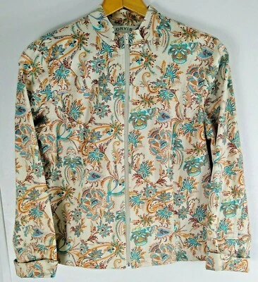 Chaqueta Mujer Orvis Ligera Beige Turquesa Naranja Floral Cremallera Completa Mediana Foto 1 de 4