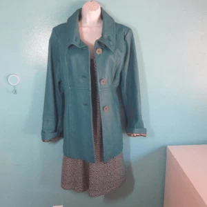 Excelled Long Teal Blue Leather Coat Womens Size M Lined Button Front - Picture 1 of 13