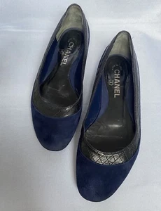 Chanel Navy Suede Black Leather Quilted Contour Ballet Flats 36eub - Picture 1 of 14