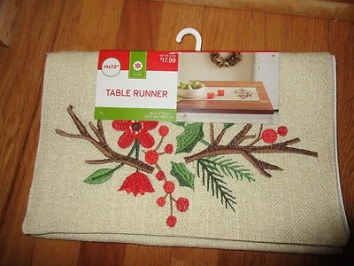 Christmas Embroidered Table Runner Holly Cream & Gold Sprig 14" x 72" - Image 1 of 4