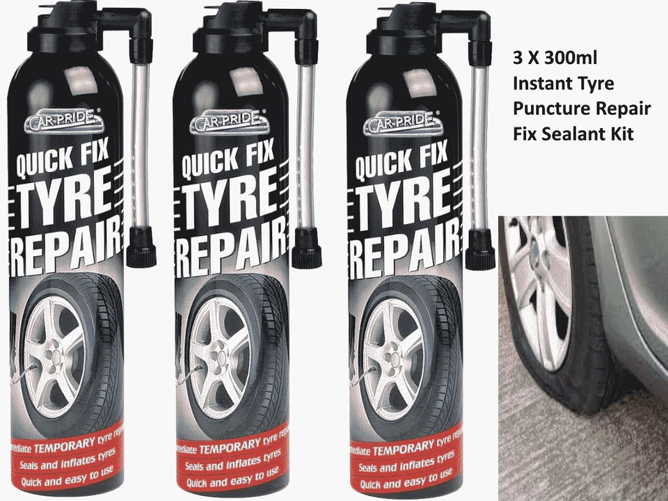 CAR PRIDE QUICK FIX CAR EMERGENCY FLAT TYRE FIX INFLATE PUNCTURE FOAM REPAIR KIT 300ML x3