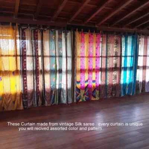 1Pc Indian Sari Patchwork Curtain Drape Window Decor Multi Silk Sari Curtain - Picture 1 of 32