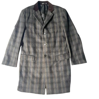 Abrigo Vella Hombre 42 Mezcla Lana Cuadros Cuello Terciopelo Marrón Camel Italia Foto 1 de 4