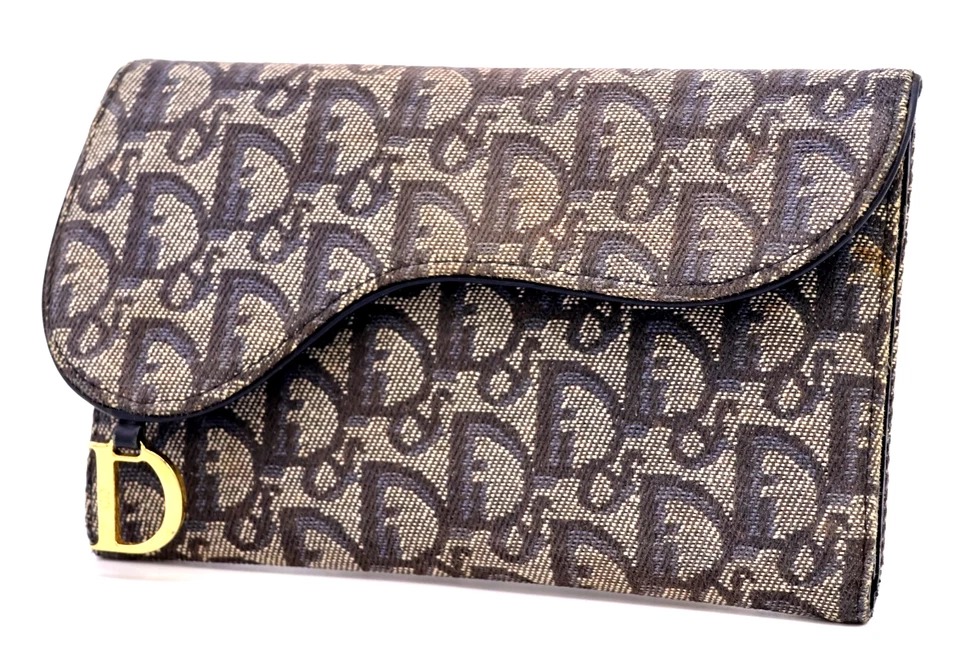 Christian-Dior Sillín Tríptico Largo Cartera Monedero CD Trotter Lona Azul Auténtico Foto 1 de 4