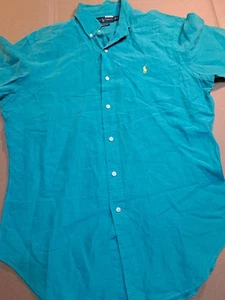 Vintage Ralph Lauren Silk Linen Shirt Mens Medium Teal Button Up Short Sleeve - Picture 1 of 6